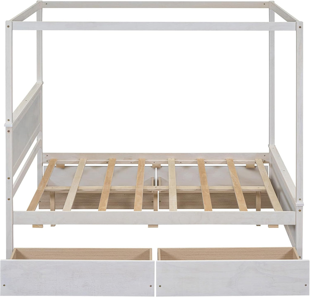 Harper & Bright Designs Wood Canopy Bed with Four Drawers,Full Size Canopy Platform Bed with Support Slats .No Box Spring Needed, Brushed White