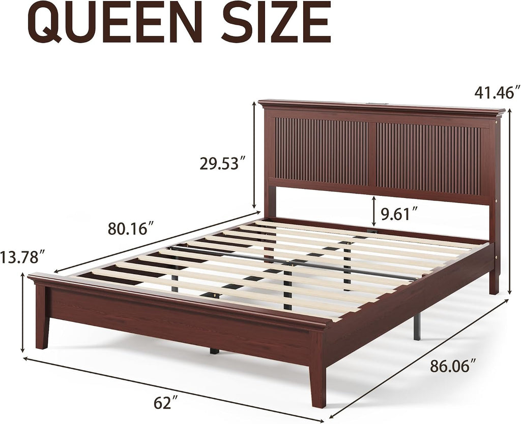 Lifezone Queen Bed Frame with Headboard, Solid Wood Bed Frame Queen Size with Charging Station & RGB LED, Wood Slats Support, Noise-Free, Sturdy Structure, Easy Assembly, Mahogany