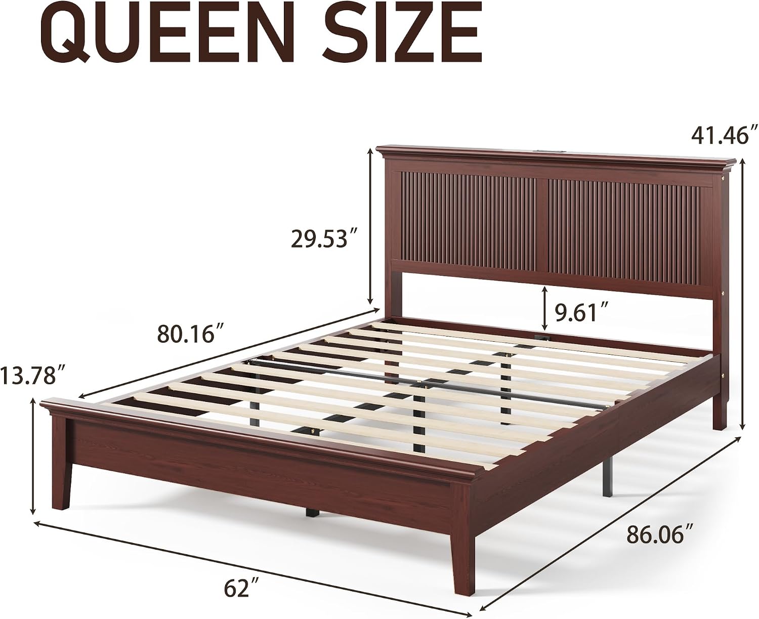 Lifezone Queen Bed Frame with Headboard, Solid Wood Bed Frame Queen Size with Charging Station & RGB LED, Wood Slats Support, Noise-Free, Sturdy Structure, Easy Assembly, Mahogany