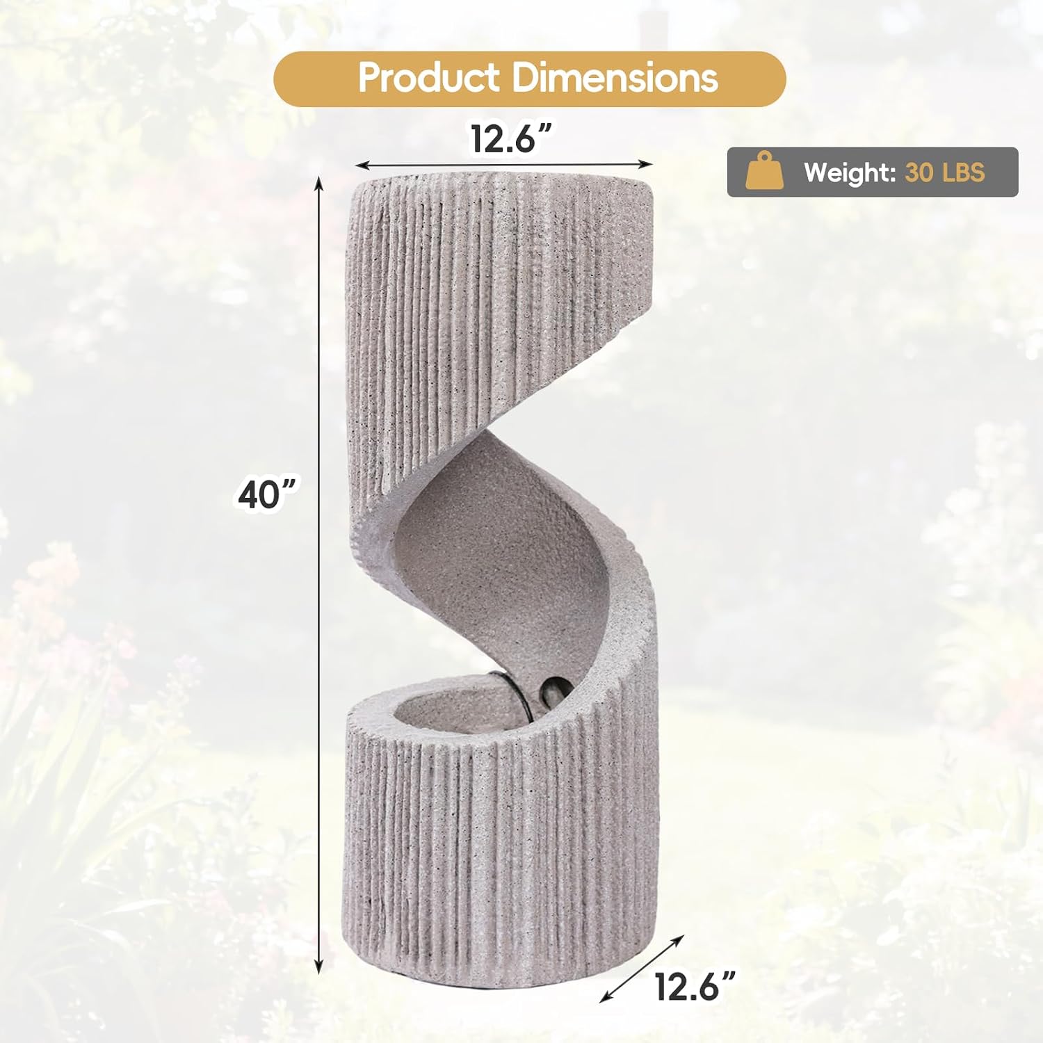40' Outdoor Water Fountain with LED Light, S-Shaped Modern Curved Outdoor Fountain, Spiral Column Fountain, Decorative Waterfall Feature with Flat Top Plant Display for Garden, Patio Decor