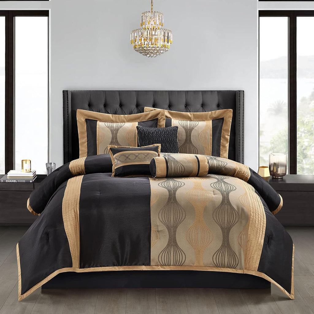 Grand Avenue Elegant Black and Gold Comforter Set,Striped, 7 Pieces Jacquard Bedding Sets with Comforter for All Season, Bed Skirt, Pillows & Shams, Queen Size, Lightweight Microfiber