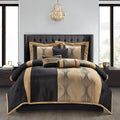 Grand Avenue Elegant Black and Gold Comforter Set,Striped, 7 Pieces Jacquard Bedding Sets with Comforter for All Season, Bed Skirt, Pillows & Shams, Queen Size, Lightweight Microfiber