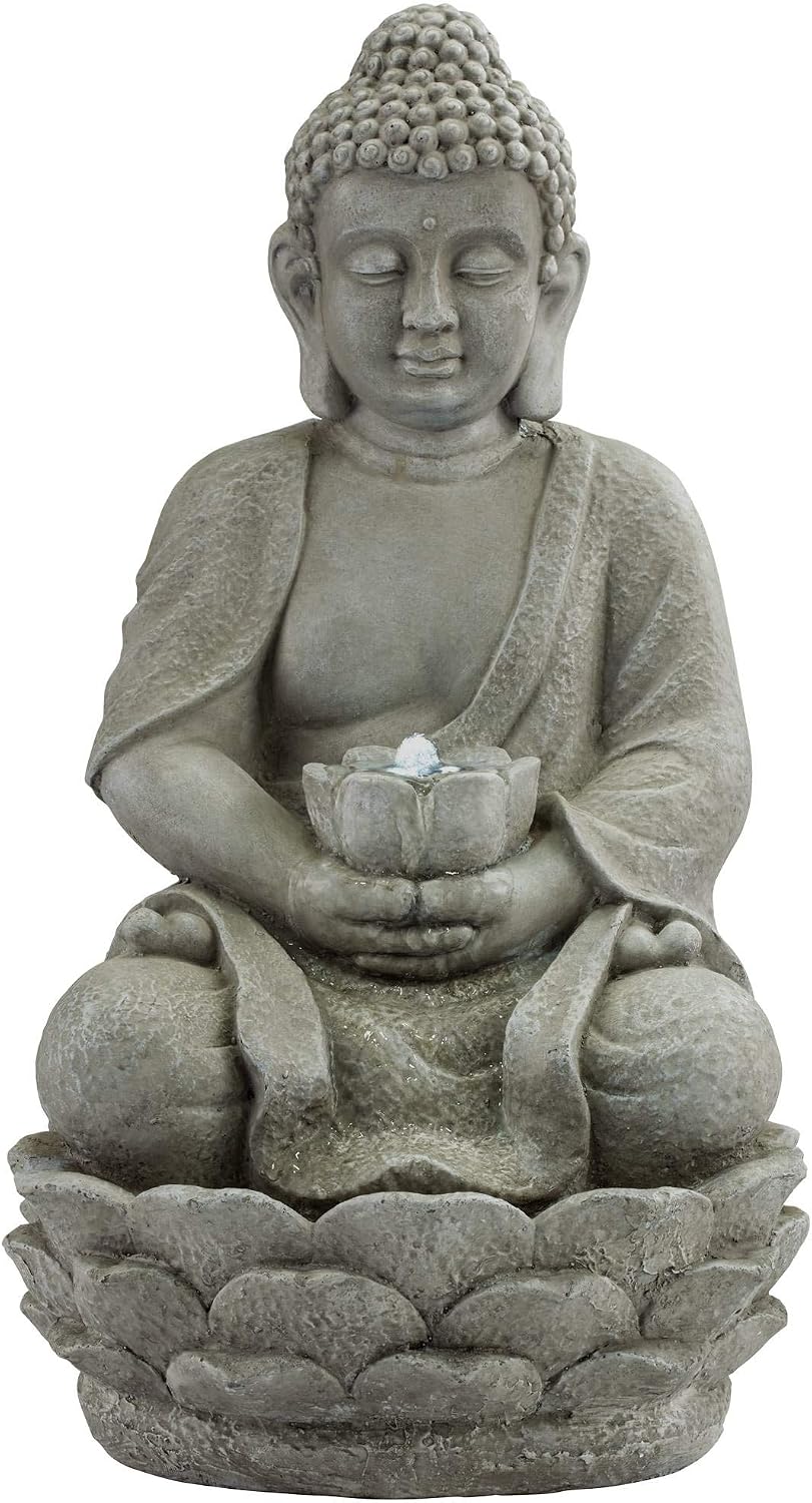 Sitting Buddha 22' High Small Zen Asian Indoor Outdoor Decor Faux Stone Tabletop Fountain with Light LED Water Feature for Outside Garden Patio Yard Desk Backyard Porch Deck - John Timberland