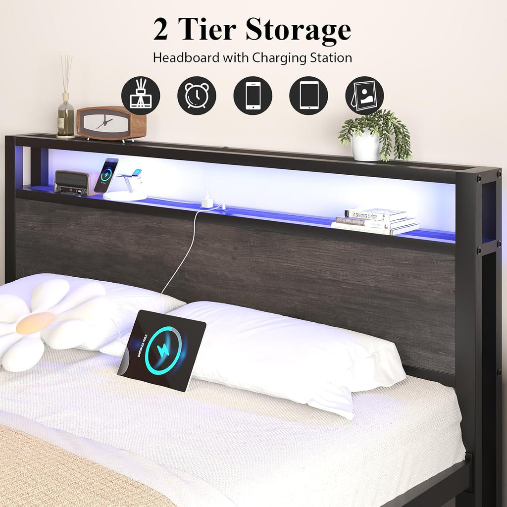 Full Size Bed Frame with Storage Headboard, Industrial Platform Bed with Charging Station and LED Lights, Heavy Duty Metal Slats, No Box Spring Need, Noise Free, Grey