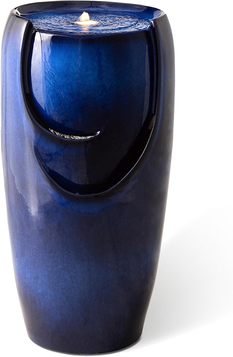 Glitzhome Outdoor Water Fountain with LED Light, Oversized Ceramic Vase Water Fountains Outdoor, Tall Water Feature Backyard Fountain for Garden Patio, Cobalt Blue, 29.3'H