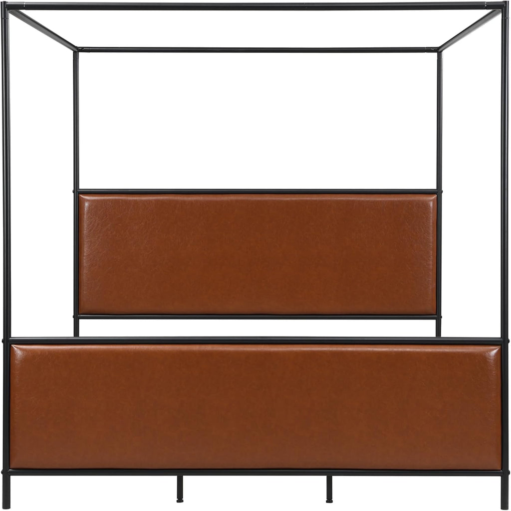 King Size Canopy Bed Frame with Tall Upholstered Headboard and Iron Legs, No Box Spring Needed (Brown+Black, King)