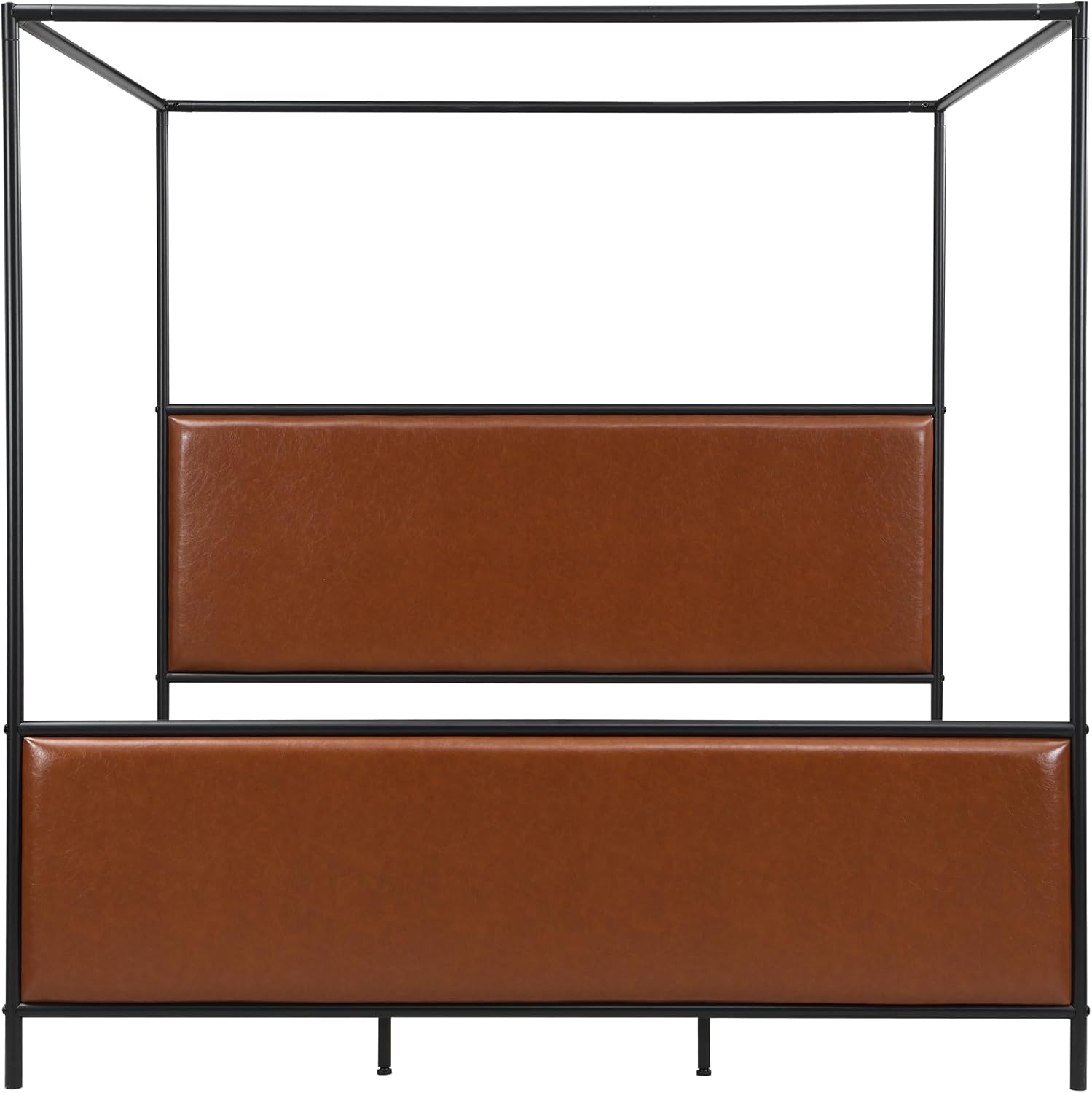 King Size Canopy Bed Frame with Tall Upholstered Headboard and Iron Legs, No Box Spring Needed (Brown+Black, King)