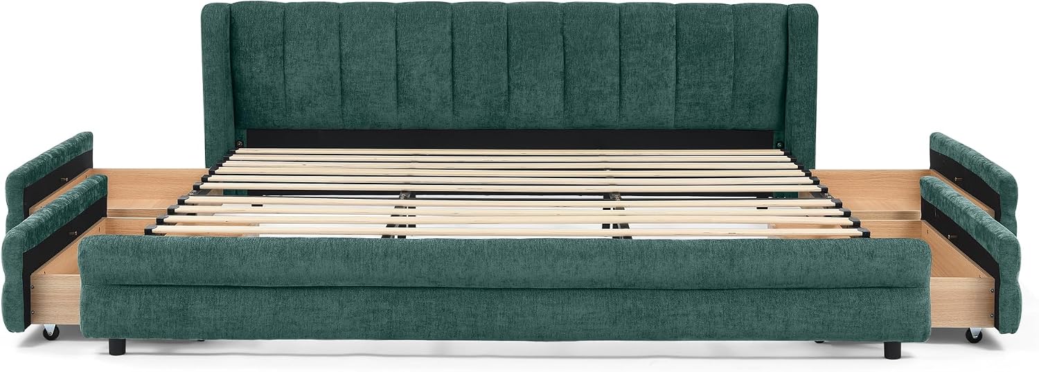 DEINPPA King Size Bed Frame with 4 Storage Drawers and Cloud Soft Headboard, Chenille Upholstered Grounded Wood Base Bed Frame, No Box Spring Needed-Blue+Green