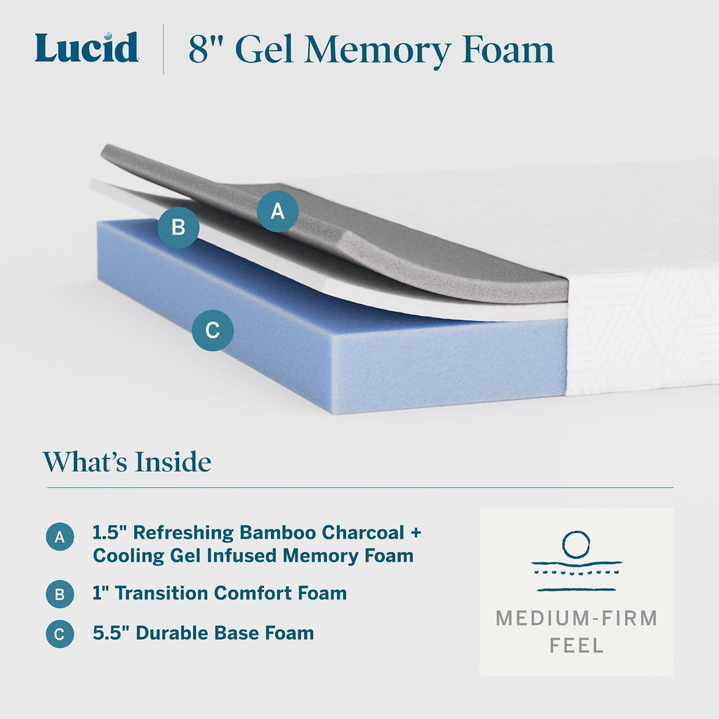 Lucid 8 Inch Memory Foam Mattress - Medium Firm Feel - Infused with Refreshing Bamboo Charcoal and Cooling Gel - Bed in a Box - Temperature Regulating - Pressure Relief - Breathable - King Size