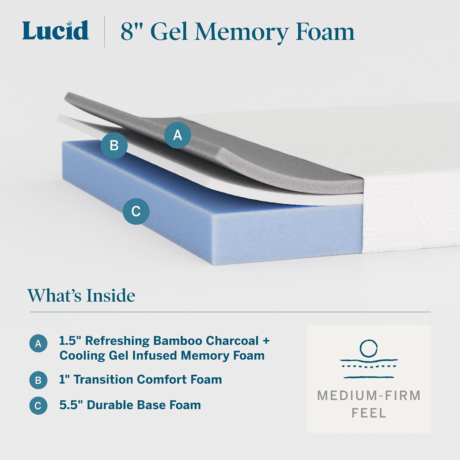 Lucid 8 Inch Memory Foam Mattress - Medium Firm Feel - Infused with Refreshing Bamboo Charcoal and Cooling Gel - Bed in a Box - Temperature Regulating - Pressure Relief - Breathable - King Size