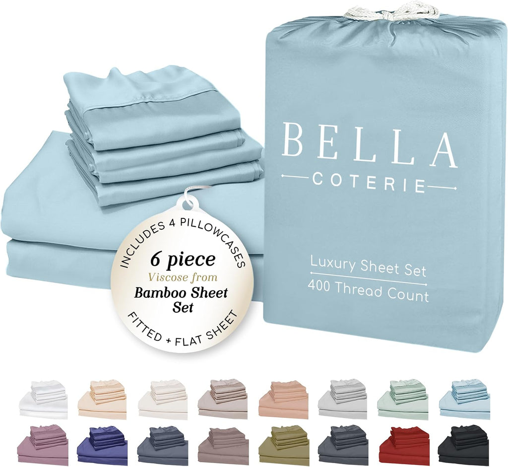 Bella Coterie 6 Piece Luxury Bamboo Viscose King Size Sheet Set | 100% Organically Grown | Cooling for Hot Sleepers | 18' Deep Pocket | Soft & Hypoallergenic | 4 Pillowcases [Coastal Blue]