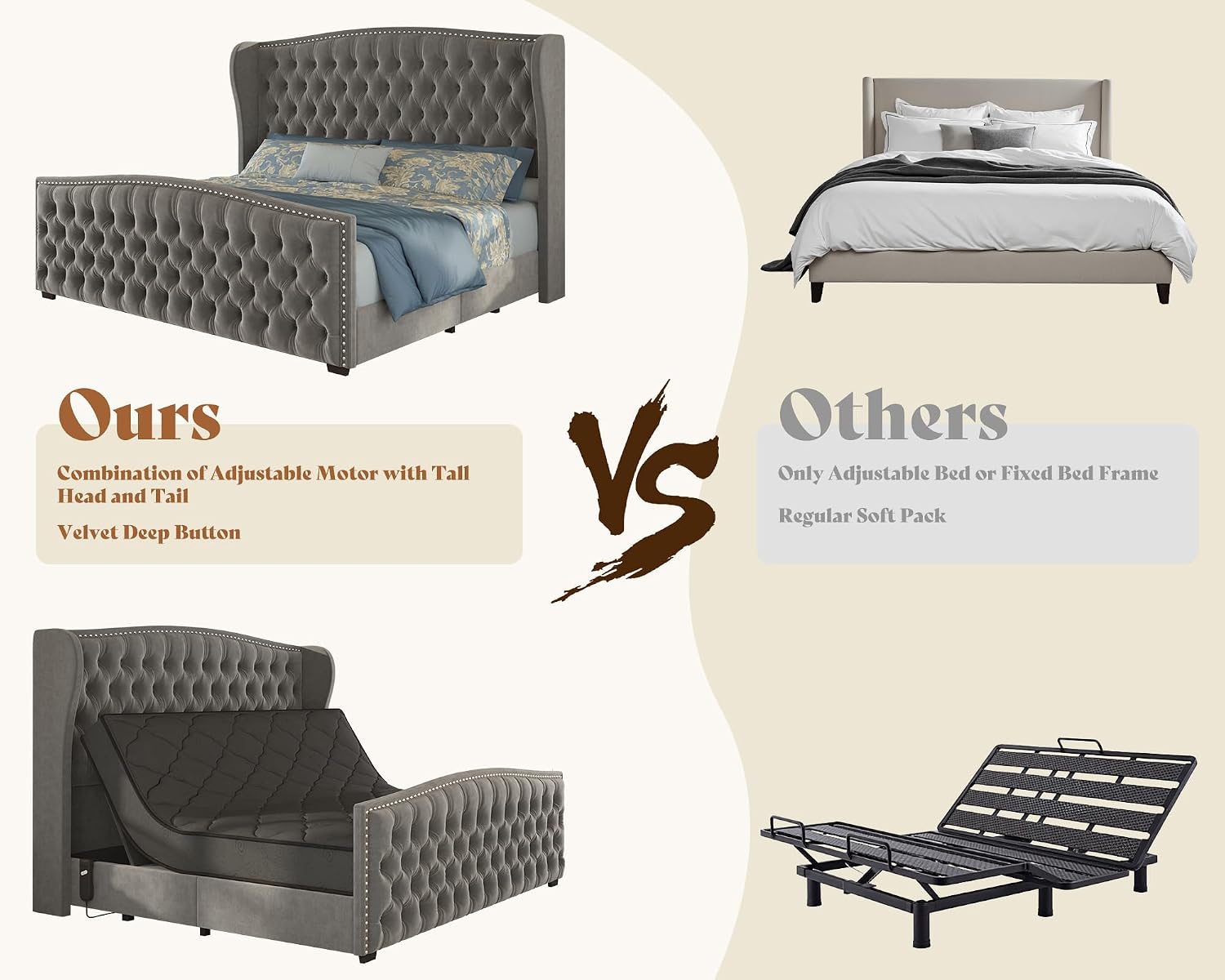 AMERLIFE 51' H Queen Size Adjustable Bed Frame with Velvet Upholstered and Deep Button Tufted Headboard, Electric Bed with Dual Motor/Nailhead Trim Wingback, No Box Spring Needed, Grey