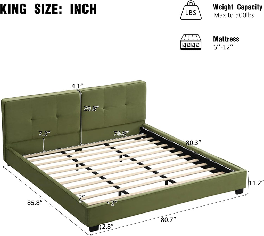 JIVOIT King Size Platform Bed, Velvet Upholstered Platform Bed with Curved Tufted Headboard, Soft Square Corners, Wood Slats Support, No Box Spring Needed