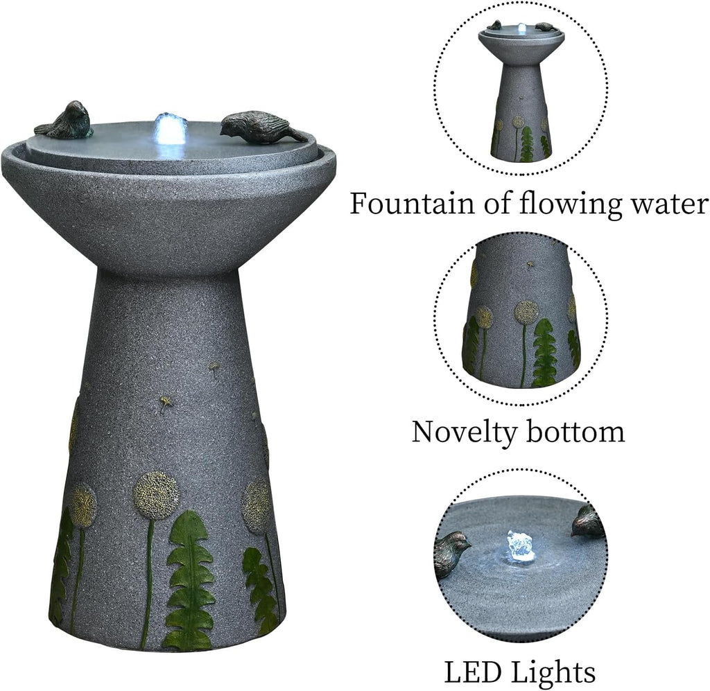 30.7' Outdoor Garden Floor-Standing Water Fountain with LED Light and Pump, Two Birds Embossed Pattern Pedestal Ceramic Watefall for Patio, Backyard, Deck, Porch and Home Art Decor (30.7' Two Birds)