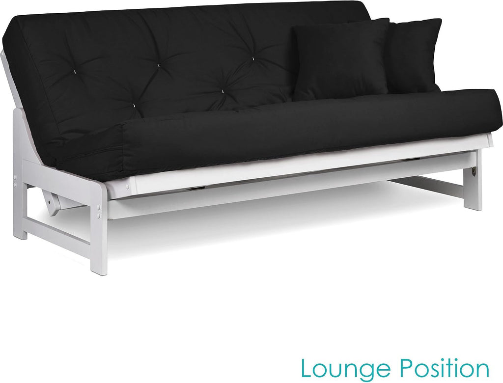 Nirvana Futons Arden White Futon Set Queen Size - Armless Futon Frame with Mattress Included (Twill Black), Space Saving Modern Sofa Bed Sleeper