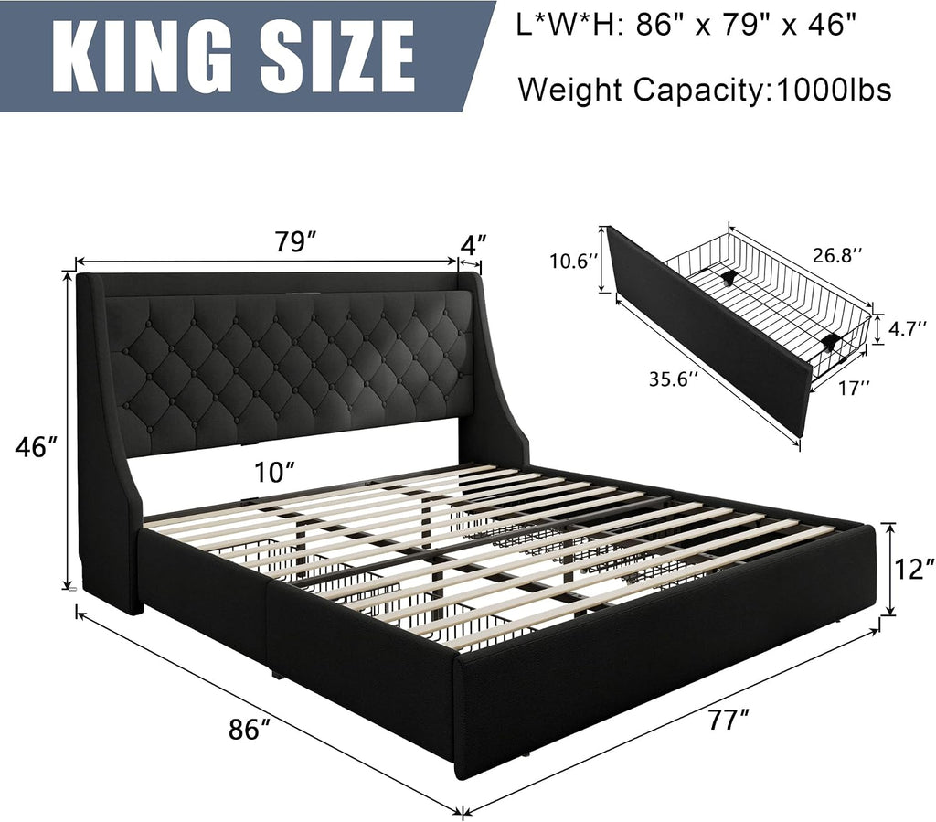 Bed Frame King Size with 4 Storage Drawers & Charging Station, Linen Upholstered Platform Bed with Button Tufted Wingback Headboard, Sturdy Wooden Support Slats, No Box Spring Needed, Black