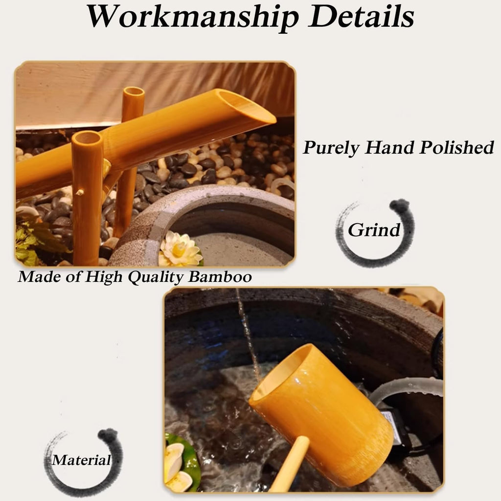Indoor Outdoor Bamboo Fountain, Bamboo Traditional Japanese Rocking Water Fountain, Zen Garden Decor with Water Pump, 6W Solar Panel, 2M Tube, for Garden Terrace Pond