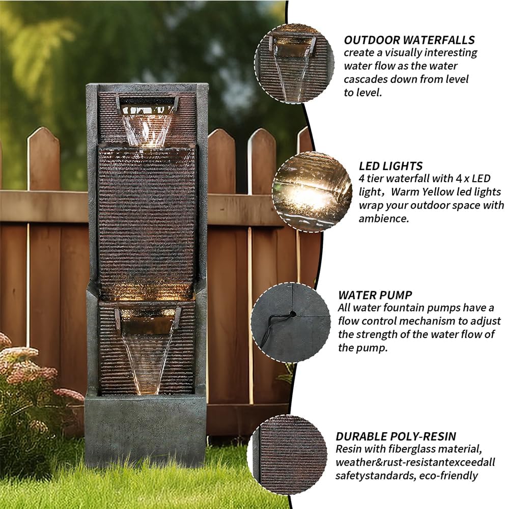 Hamiedun Outdoor Garden Waterfalls Fountains with Led Lights Water Fountain Outdoor/Indoor Resin Fountain for Patio Decor Garden, House, Office, Garden, Home Art Decor