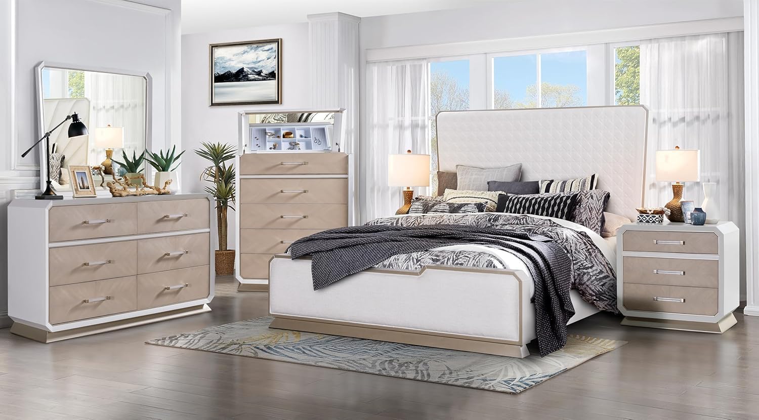 First of a Kind Nightstand Modern Glam Wood Bedside Table Dior Collection Two Tone Finish Elegant Design Bedroom Nightstand Sleek Structured Detailing Coordinated Furniture Piece