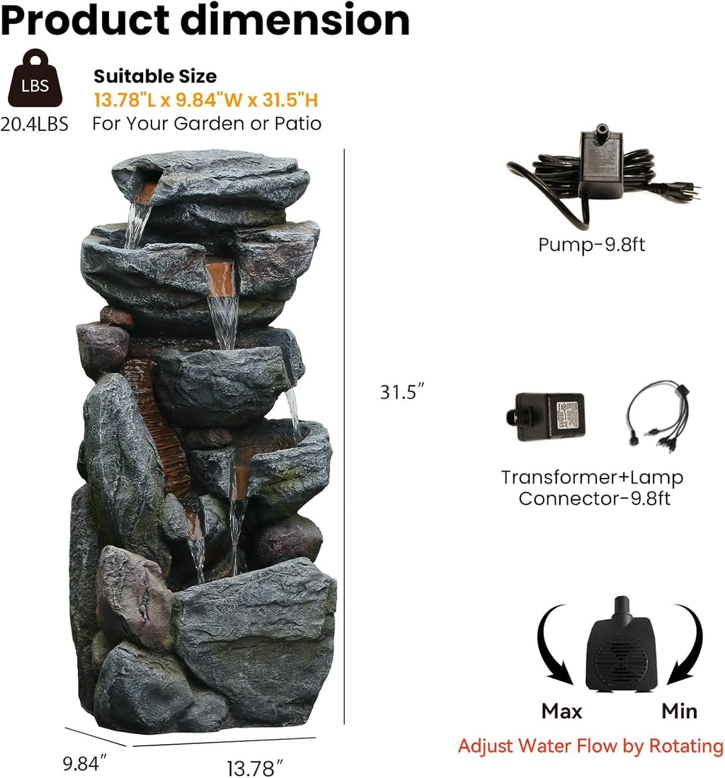 Rock Waterfall Fountain Outdoor, 31.5' Tall Resin Garden Water Feature, Cascading Stone Outdoor Fountain for Backyard Patio Yard Décor, Garden Water Fountain