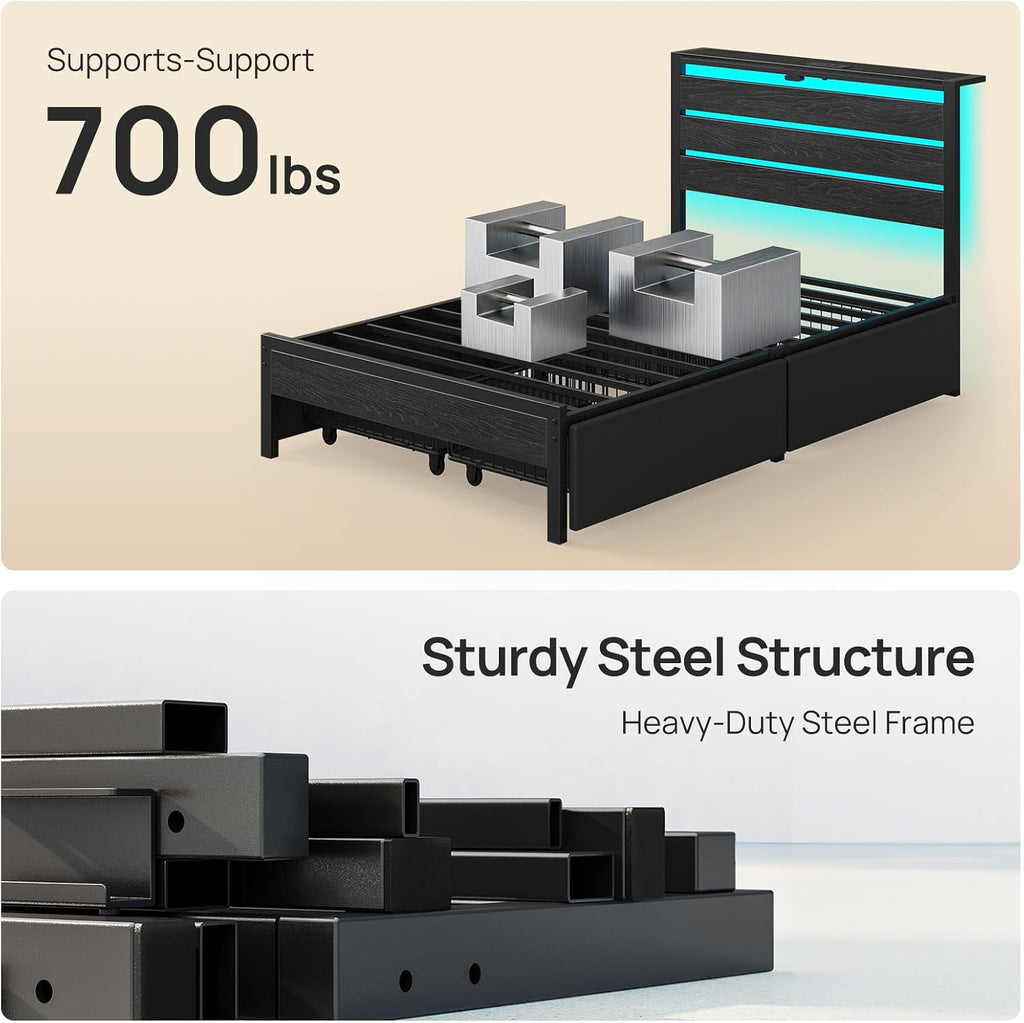 Rolanstar Twin Bed Frame with 4 Drawers, LED Lights and Charging Station, Metal Platform Bed with Storage Headboard, Noise Free, Easy Assembly, No Box Spring Needed, Black