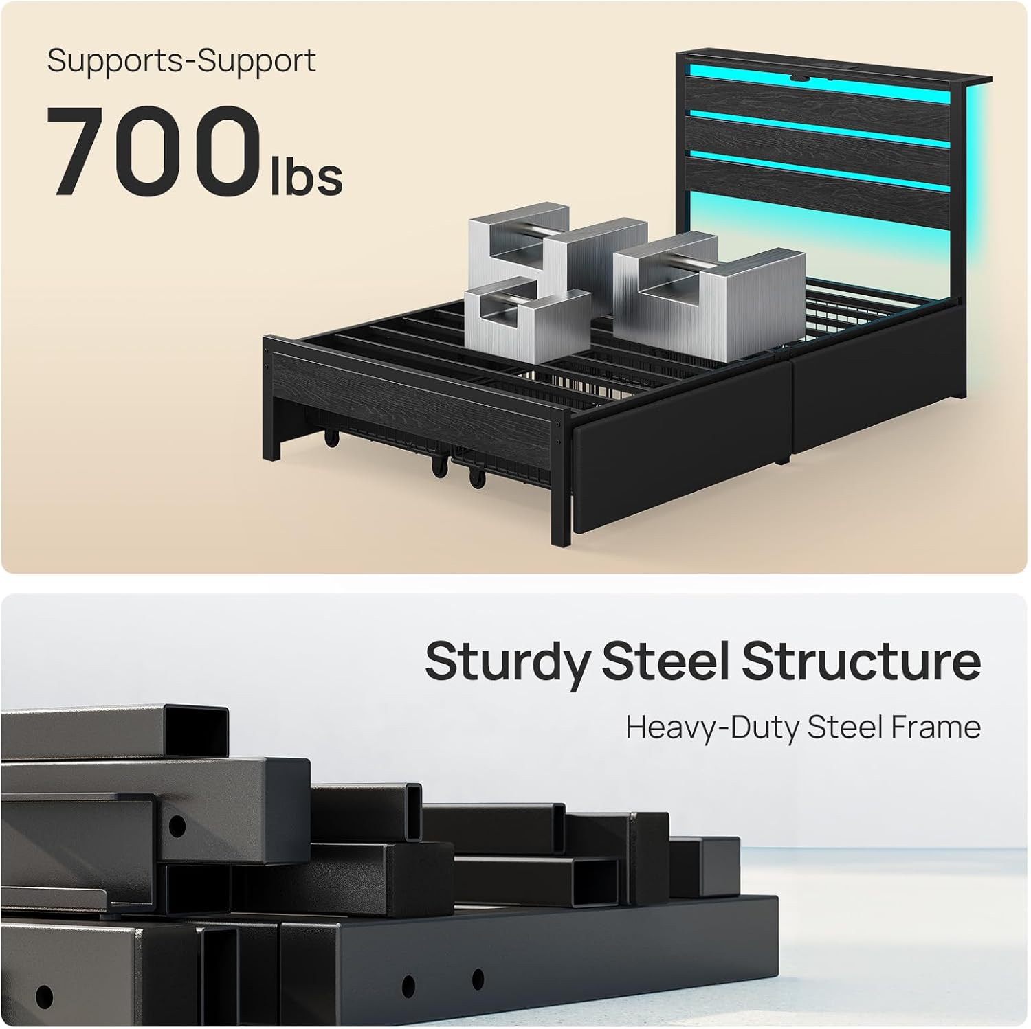 Rolanstar Twin Bed Frame with 4 Drawers, LED Lights and Charging Station, Metal Platform Bed with Storage Headboard, Noise Free, Easy Assembly, No Box Spring Needed, Black