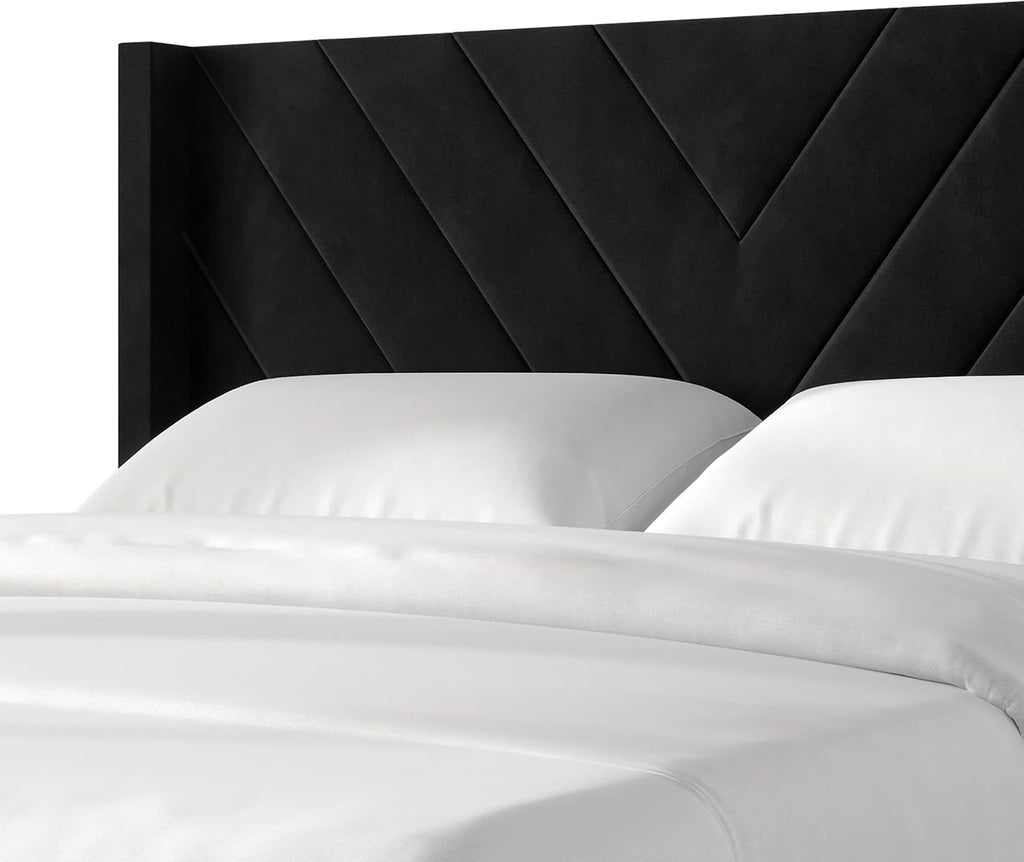 Twin Platform Bed Frame with Chevron-Stitched Wingback Headboard, Velvet Upholstery, No Box Spring Needed, Easy Assembly, Brown