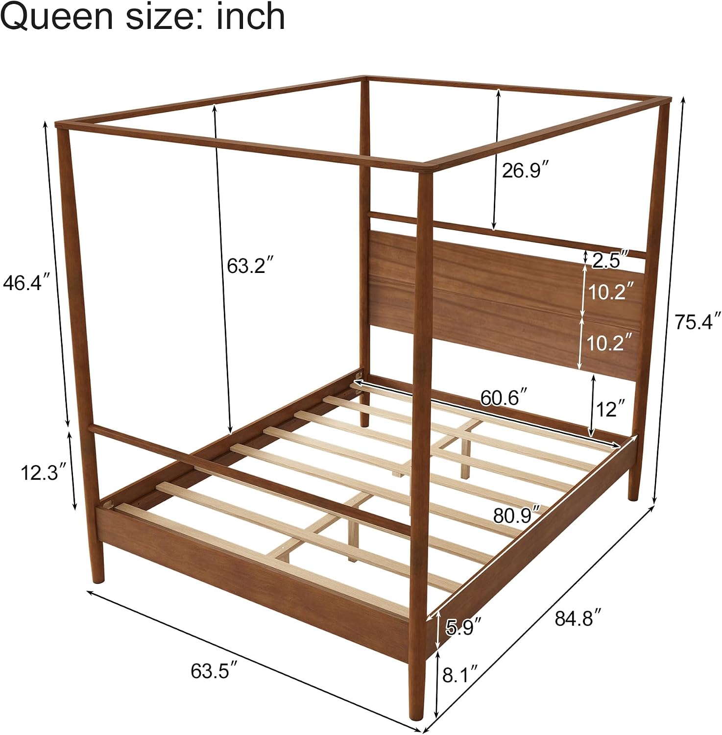 Queen Size Canopy Bed Frame with Headboard, Four-Poster Wood Platform Bed, No Box Spring Needed ﻿(Queen)