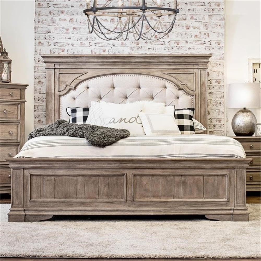 BOWERY HILL Queen Size Panel Bed with Headboard, Footboard in Upholstered, in Gray, Box Spring Needed, Easy Assembly