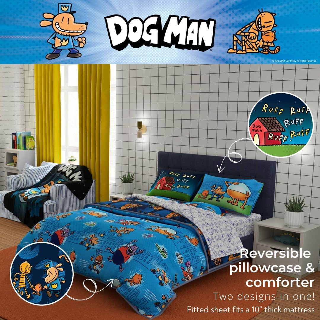 Dog Man Supa Buddies Book Kids Bedding Set, Queen Size 7 Piece Set Super Soft Cozy Reversible Comforter and Sheet Set with Sham, (Officially Licensed Product) by Franco