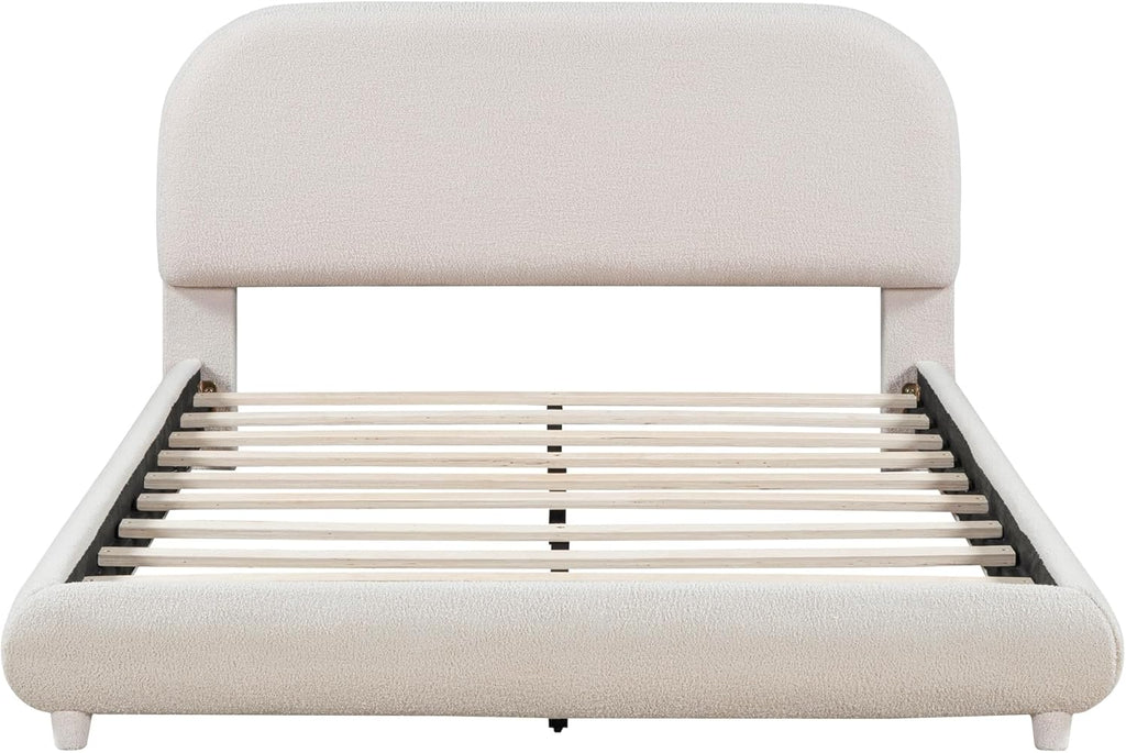 KLMM Teddy Fleece Full Size Upholstered Platform Bed with Thick Fabric, Solid Frame and Stylish Curve-Shaped Design,for Kids Teens Adults Bedroom (Beige@Teddy Fleece/, Full)