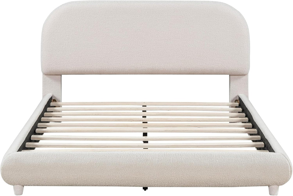 Merax Teddy Fleece Full Size Upholstered Platform Bed with Thick Fabric, Solid Frame and Stylish Curve-Shaped Design, Beige