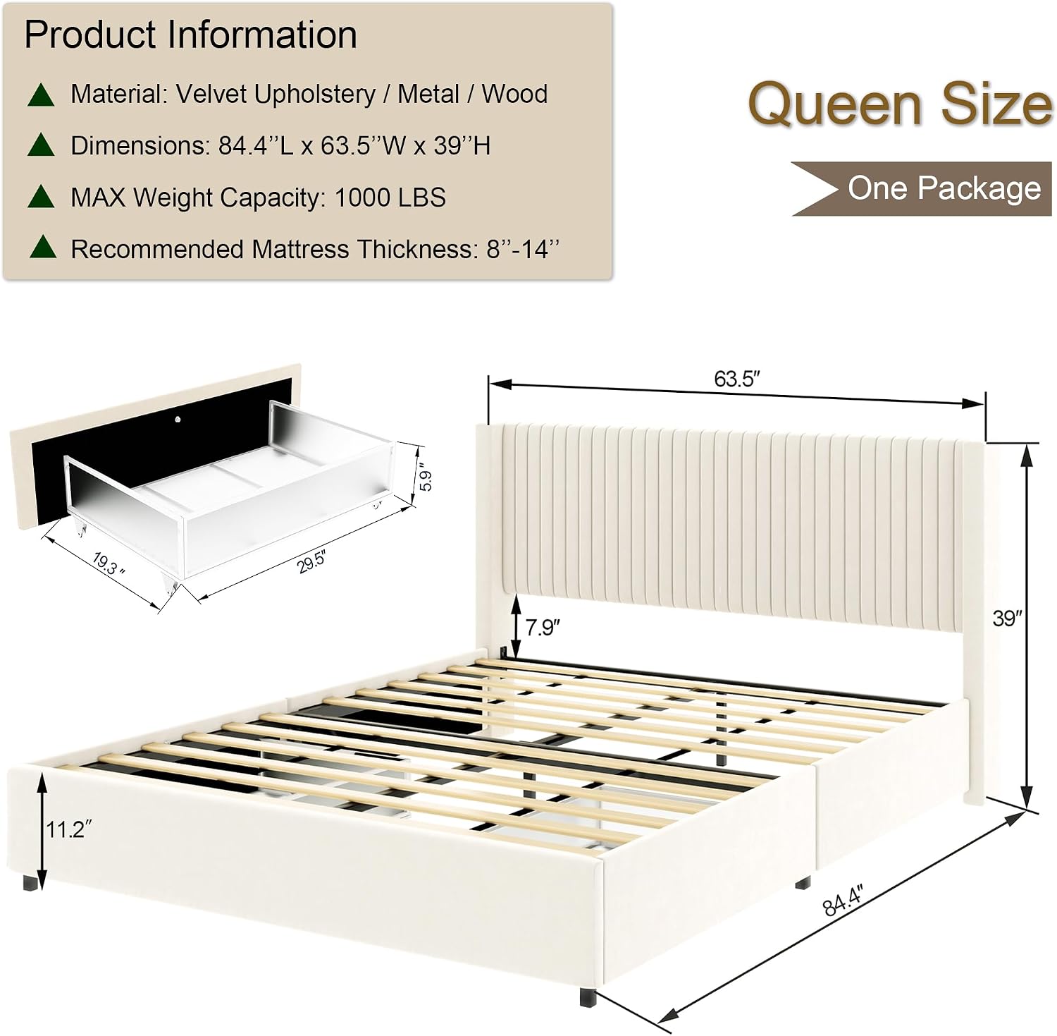 Queen Size Storage Bed Frame with 2 Drawers, Ivory Velvet Upholstered Wingback Platform Bed, Vertical Channel Tufted Headboard, Metal Frame Support, No Box Spring Needed | 2 Drawers, Metal Frame Support, No Box Spring Needed, Quick-Setup Tooling