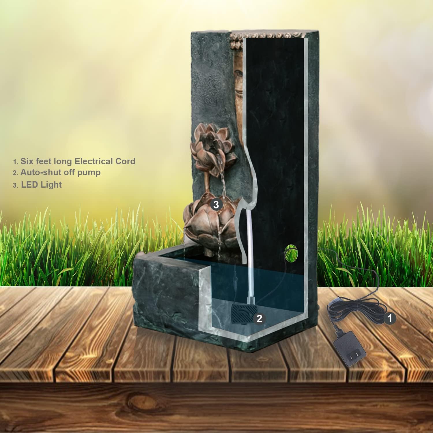 XBrand 30' H Zen Buddha Face Water Fountain w/LED Light & Pump, Indoor/Outdoor Freestanding, Relaxing Zen Décor, Bronze and Natural Grey Polyresin Fountain for Home Patio Garden Backyard
