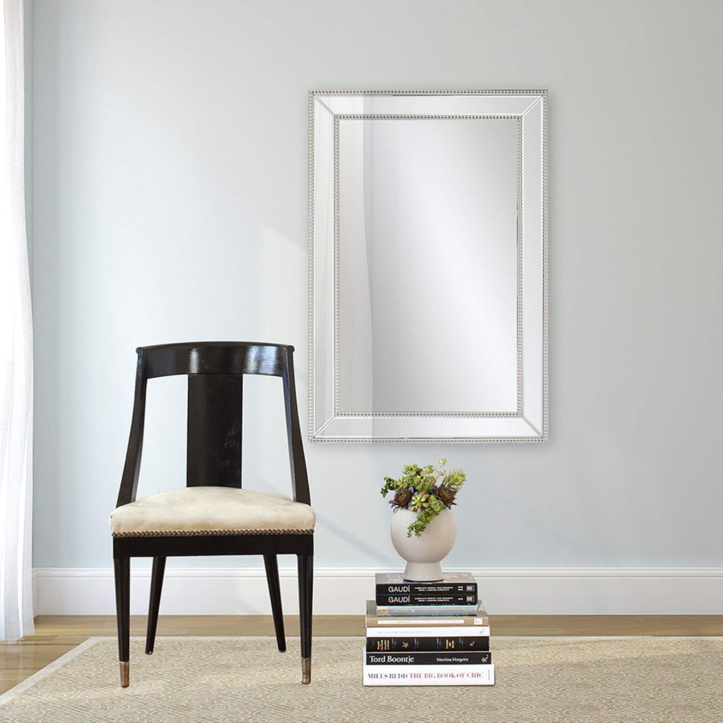 Howard Elliott Collection Gemma Hanging Large Rectangular Wall Mirror, Modern Glass Frame Mirror with Silver Beaded Trim, Accent Vanity Mirror for Living Room, Entryway and Bathroom, 48 x 32 Inch