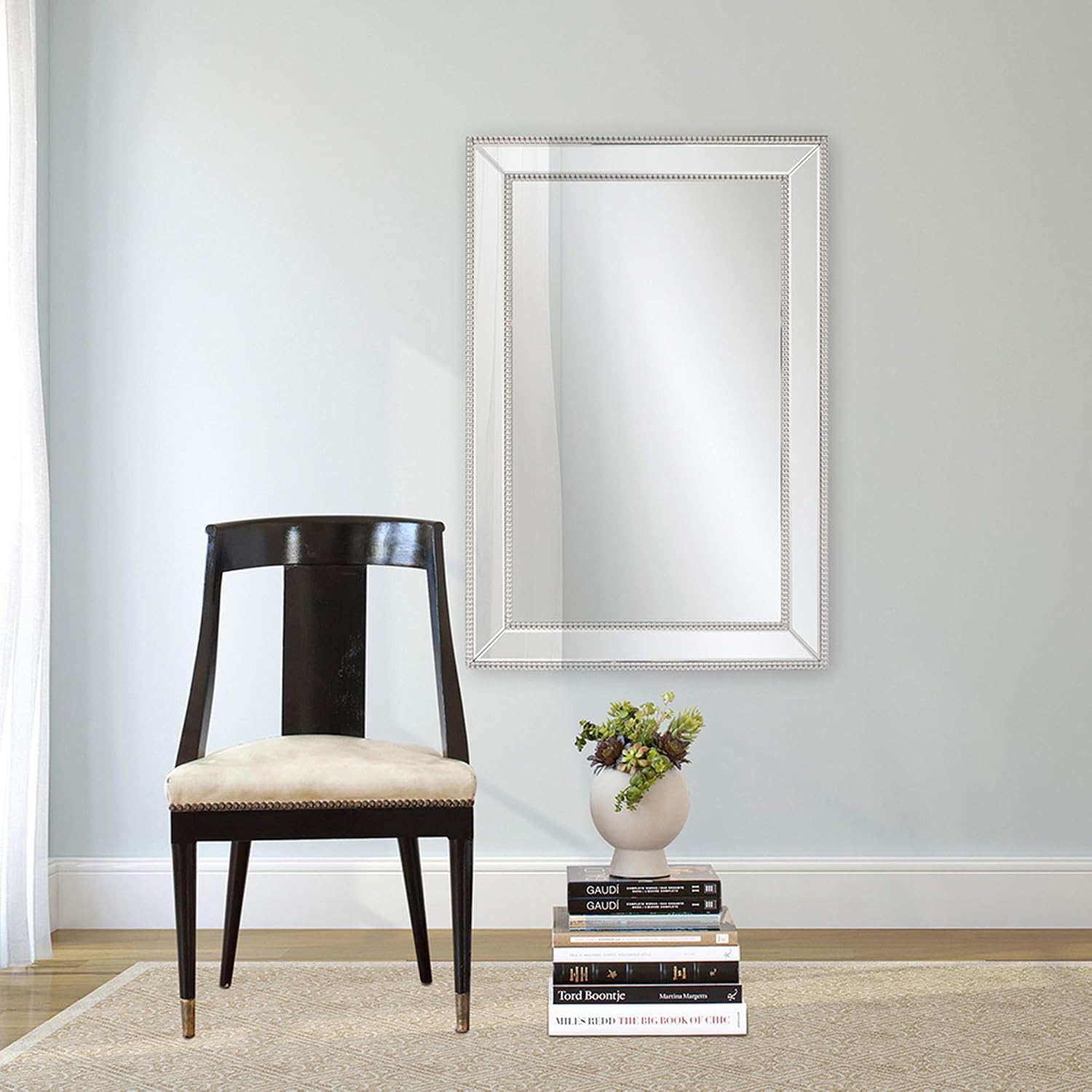 Howard Elliott Collection Gemma Hanging Large Rectangular Wall Mirror, Modern Glass Frame Mirror with Silver Beaded Trim, Accent Vanity Mirror for Living Room, Entryway and Bathroom, 48 x 32 Inch