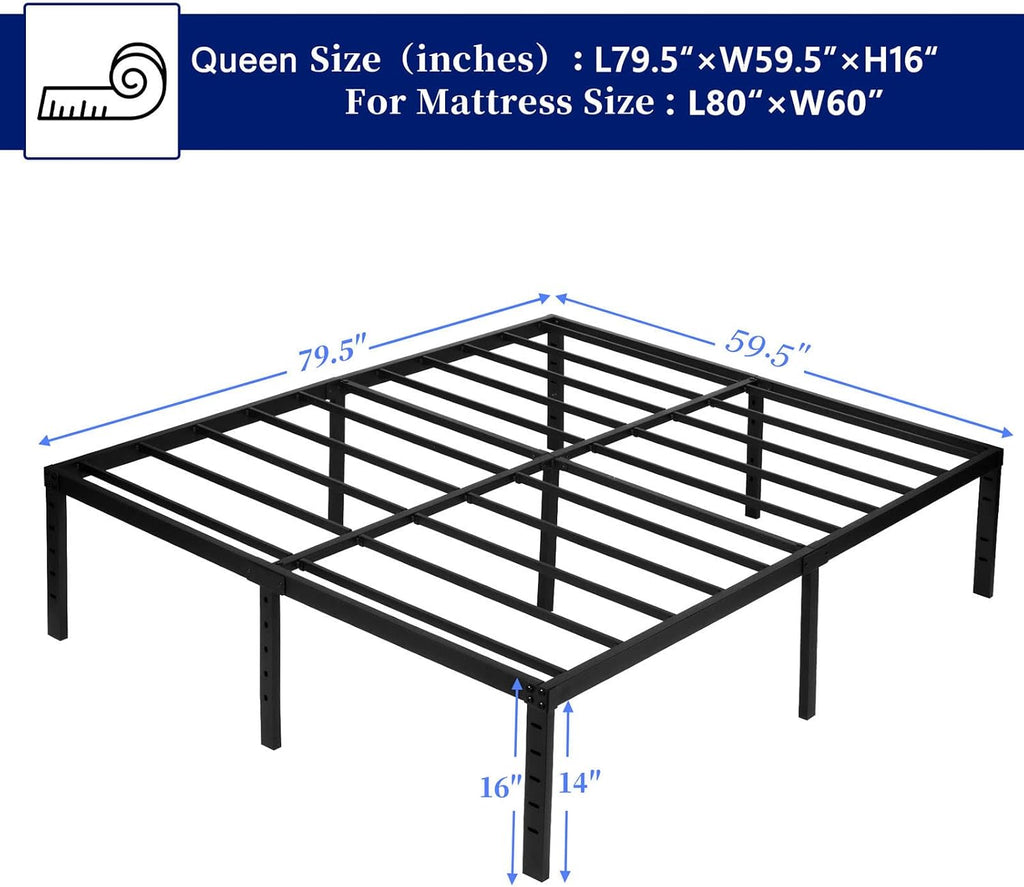 Queen Bed Frame, 16 Inches Metal Platform Bedframe with Steel Slat Support, Hold up to 3500lbs, Noise-Free, Easy Assembly