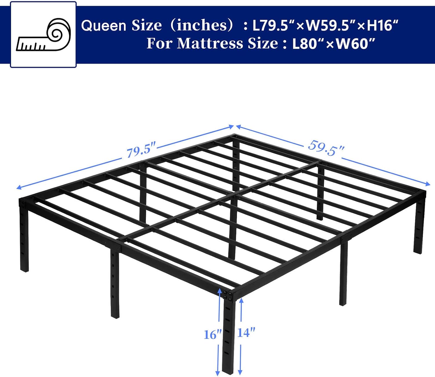 Queen Bed Frame, 16 Inches Metal Platform Bedframe with Steel Slat Support, Hold up to 3500lbs, Noise-Free, Easy Assembly