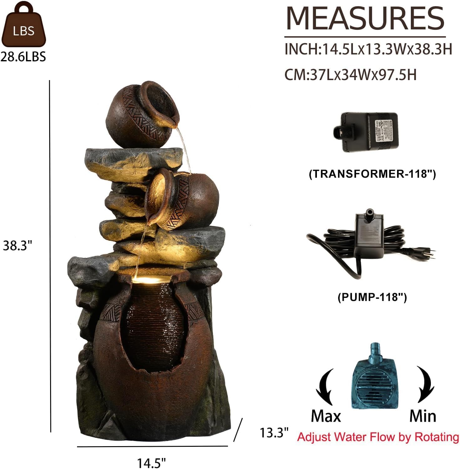 Bumilgar 38.4' H Garden Water Fountain, 3-Tier Cascading Water Features with LED Light, Faux Terracotta Jar Design for Patio, Backyard, Deck, Porch, and Home Art Décor, Brown
