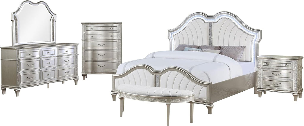 Coaster Home Furnishings Evangeline Modern Classic 5-Piece Bedroom Set Chenille Upholstered Queen Size LED Panel Bed Frame 64-inch Headboard Silver Oak 223391Q-S5