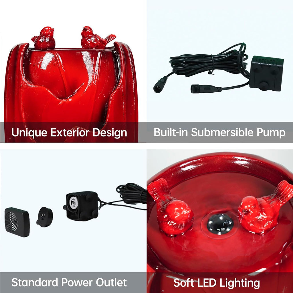 Ferrisland Solar Powered Water Fountain with LED Lights, 20' H Resin Red Vase Outdoor Freestanding Fountain with Pump, Bird Water Fountain & Water Falls for Outside Garden & Backyard Decking Décor