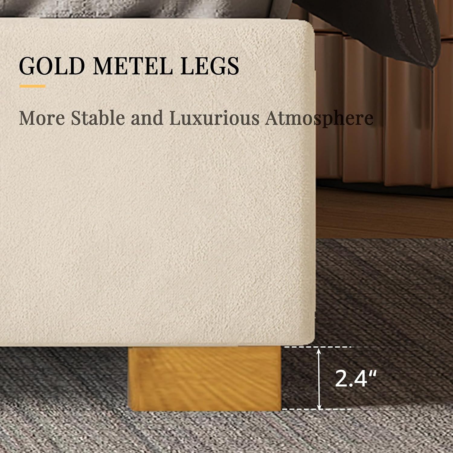 Albott King Size Platform Bed Frame, 65' Velvet Upholstered Bed with Gold Trim Headboard/Wooden Slats/No Box Spring Needed/Cream