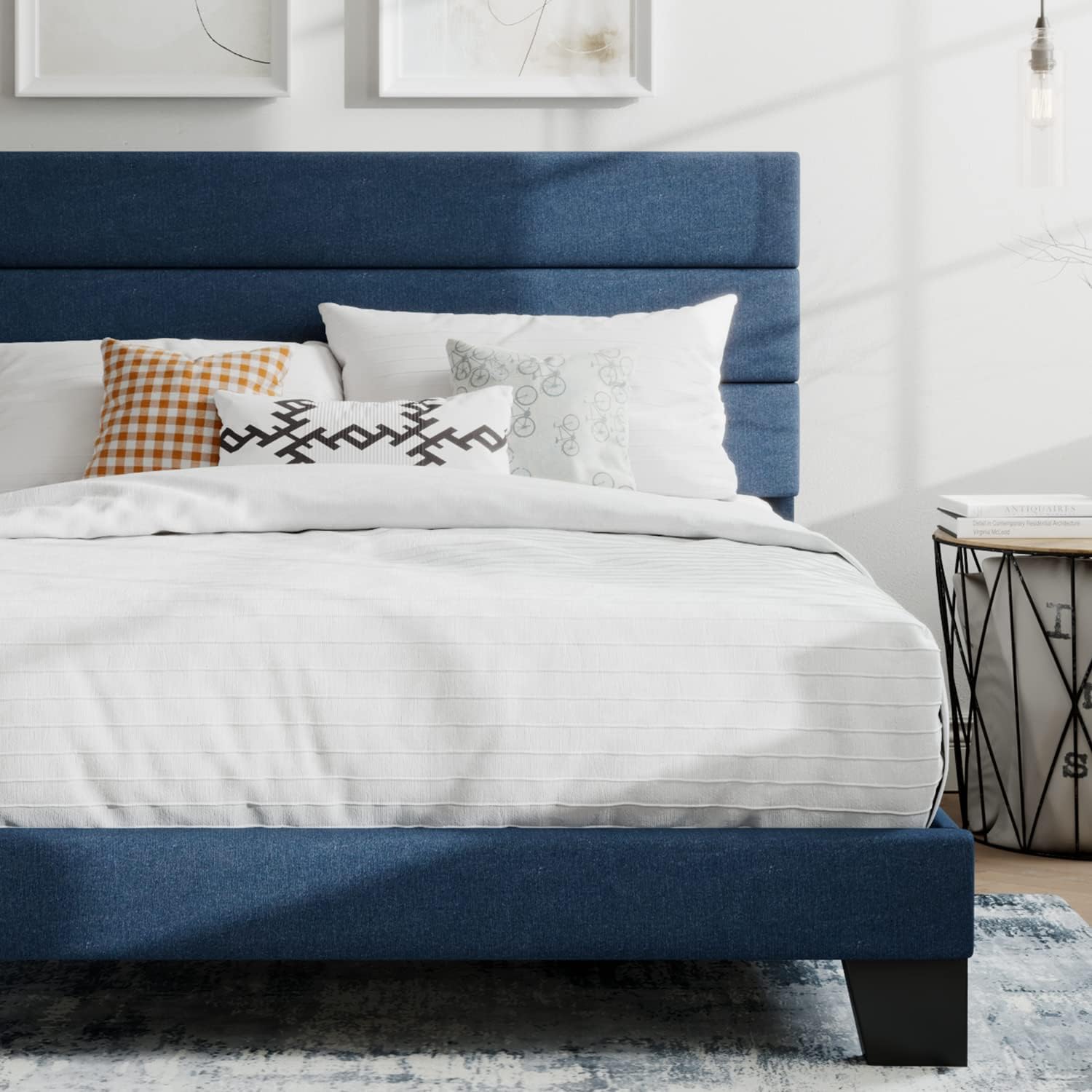 SHA CERLIN Queen Platform Bed Frame with Upholstered Fabric Headboard, Mattress Foundation with Strong Wooden Slats Support, No Box Spring Needed, Blue