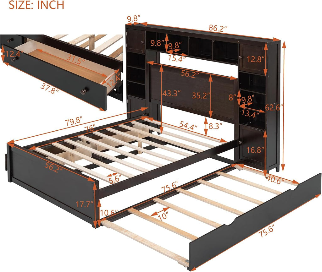 Harper & Bright Designs Full Platform Bed with All-in-One Cabinet, Shelf and Sockets Wood Full Size Beds with Trundle & 2 Drawers, Full Bed Frame for Bed Room, No Box Spring Needed,Espresso