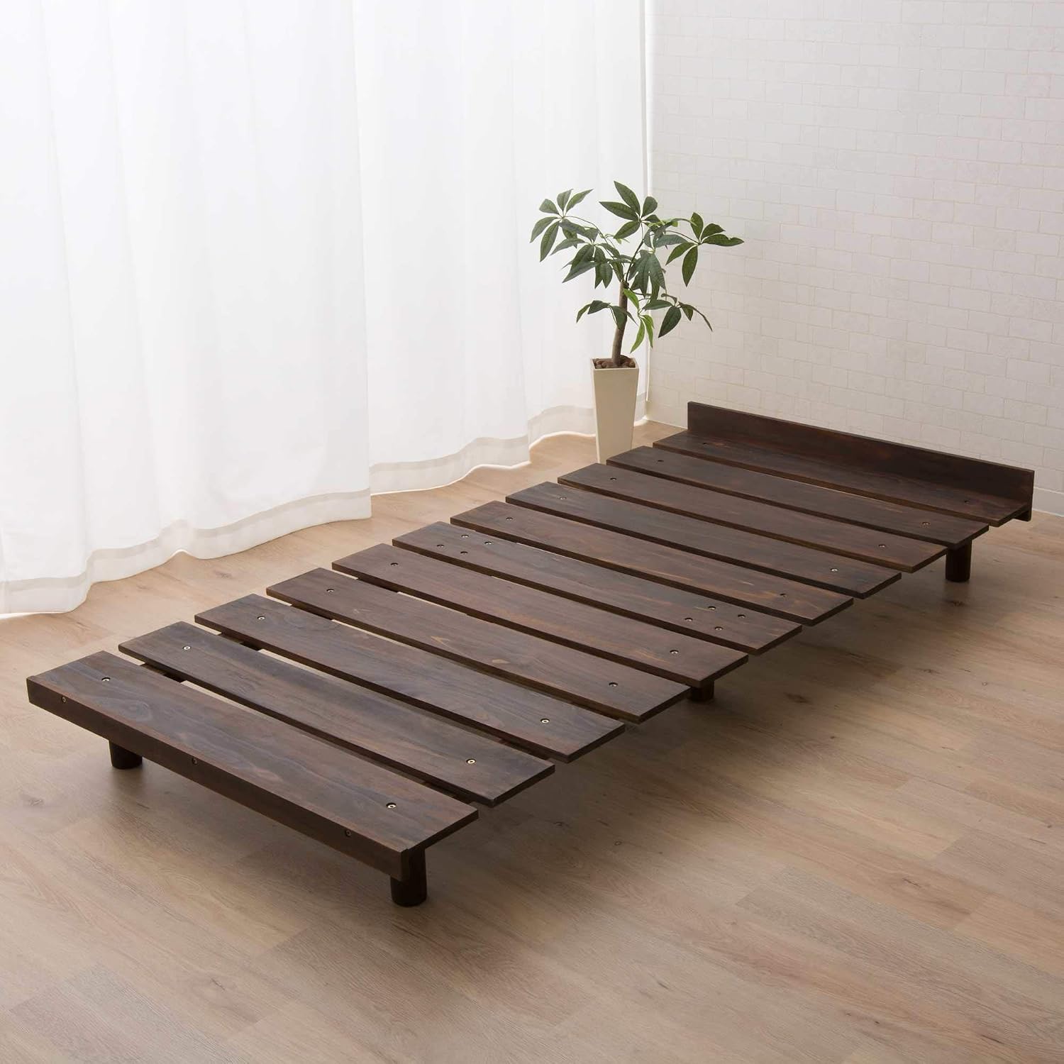EMOOR Wood Slatted Floor Bed Frame OSMOS Twin for Japanese Futon Mattress Solid Pine (Coffee-Brown), Height Adjustable (2/7/12in) Tatami Mat
