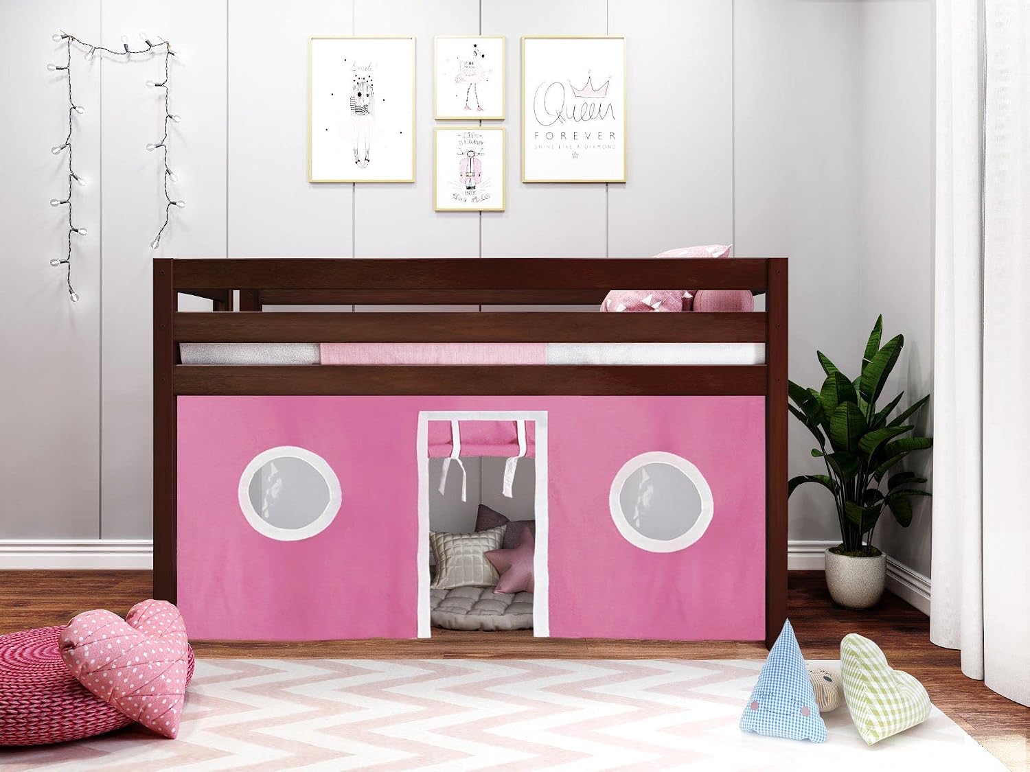 JACKPOT! Contemporary Low Loft Twin Bed with End Ladder, Cherry with Pink & White Tent