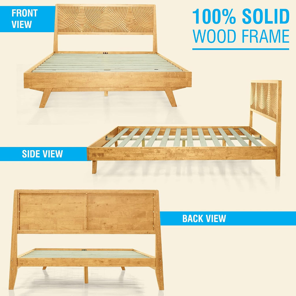 ACACIA Harmony Queen Platform Bed Frame – Solid Rubber Wood, Natural Oak Finish, Mid-Century Design, Signature Circular Wood Texture, 800lbs Support, No Box Spring Needed, Easy Assembly, Easy Assembly