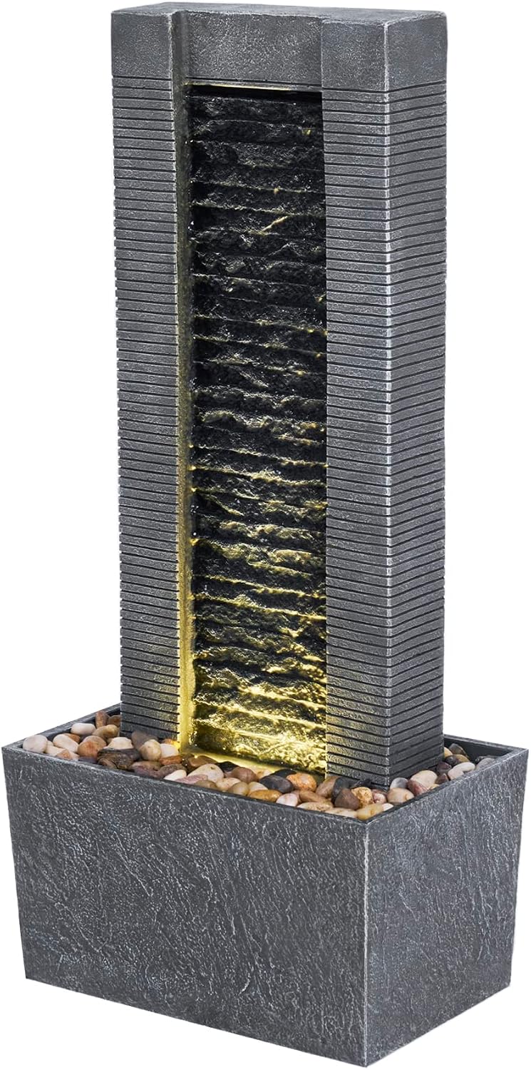 Teamson Home 29.25' Demeter Indoor/Outdoor Modern Waterfall Fountain with LED Lights, Black and Stone Gray