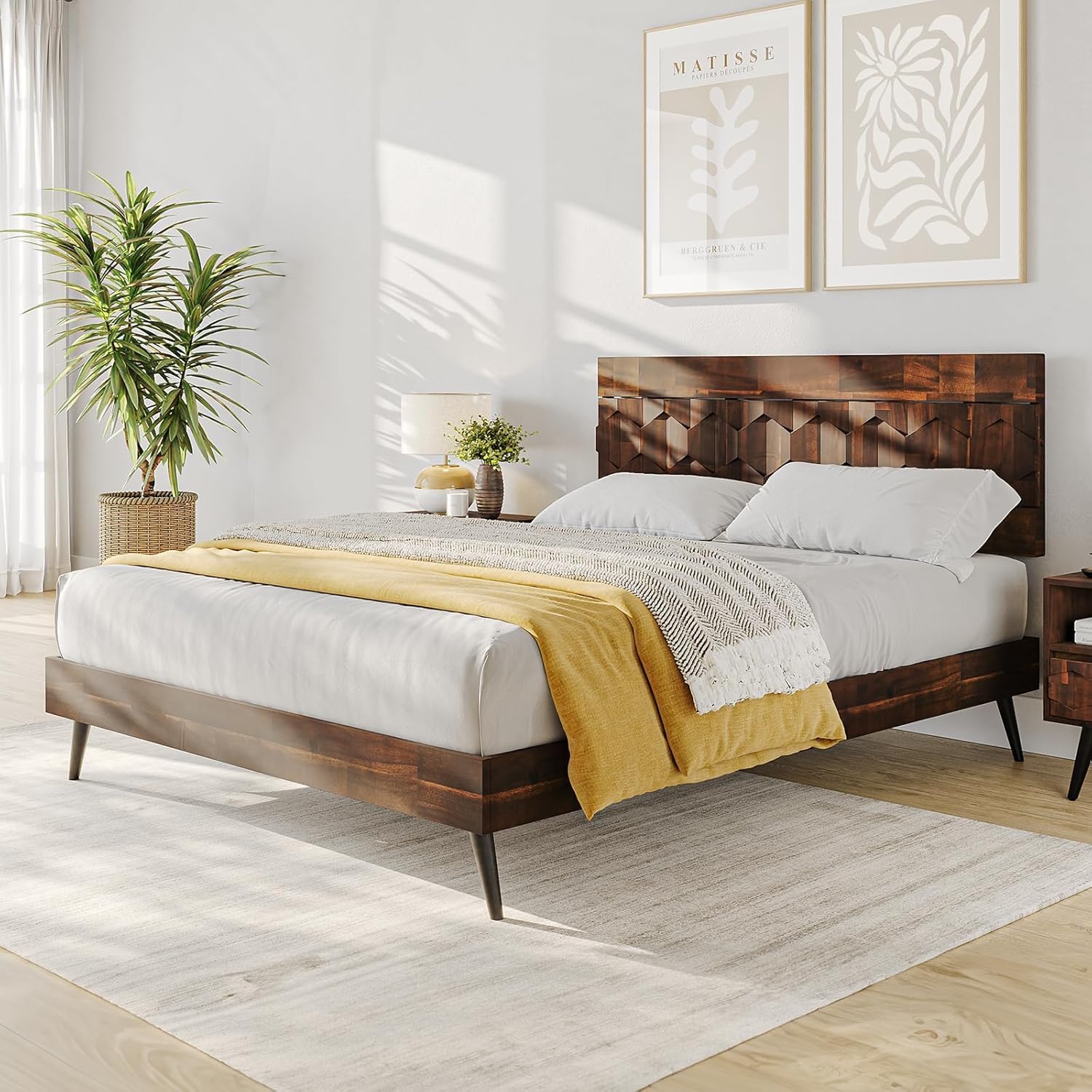 Bme Georgina Queen Bed Frame and Headboard, Signature Handcrafted Geometric Design, US Patent Pending Design, Solid Wood, No Box Spring Needed, 12 Strong Wood Slats Support, Easy Assembly, Dark Choco