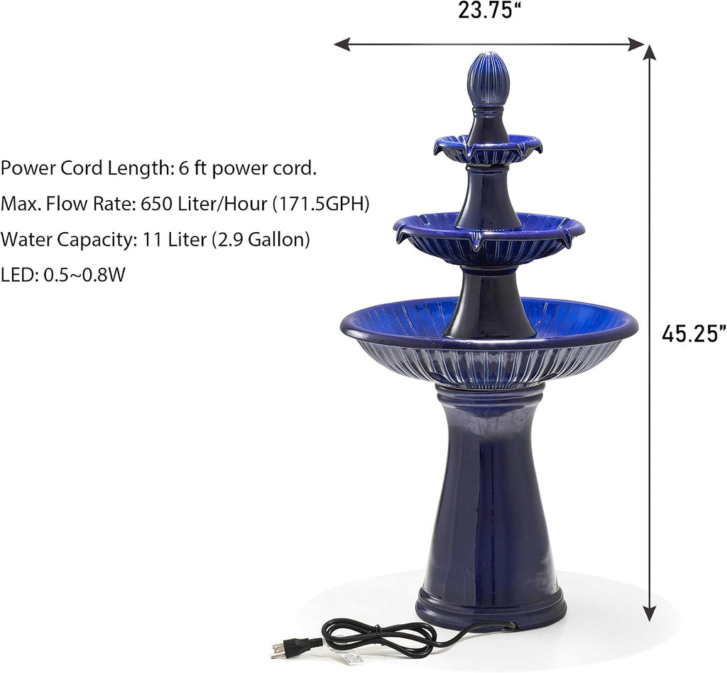Glitzhome Water Fountain Outdoor Floor-Stand Fountain with LED Light & Pump Oversized 3 Tier Ceramic Cobalt Blue Patio Fountains and Waterfalls Outdoor Yard Fountains for Lawn Garden Backyard